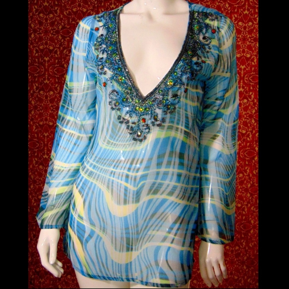 NICOLE MAX teal plaid long sleeve tunic blouse S ⚠️🕚